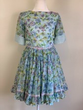 Mini vestido floral vintage anos 70 XS azul roxo babado casa de campo curto slv gola barco comprar usado  Enviando para Brazil