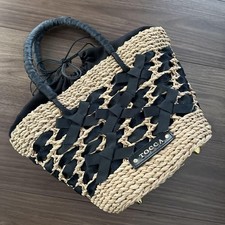 Bolsa de mão de palha natural TOCCA com fitas pretas forro branco bolsa de verão MBb0766 comprar usado  Enviando para Brazil