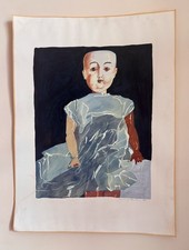Pintura de muñeca kitsch espeluznante - Firmada 1985 - Obra de arte sin marco sobre papel segunda mano  Embacar hacia Mexico