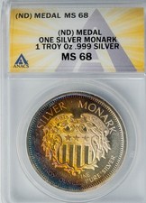 Medal ND One Silver Monark 1 onça troy .999 prata pura MS68 ANACS cor 949979-16, usado comprar usado  Enviando para Brazil