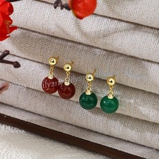 2 pares de brinco de ouro pendurado com contas redondas de jade verde vermelho natural 10 mm comprar usado  Enviando para Brazil