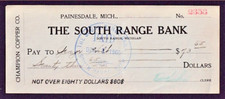 CHAMPION COBRE CO. PAINESDALE MICH. THE SOUTH RANGE BANK CHEQUE CANCELADO 1905 comprar usado  Enviando para Brazil