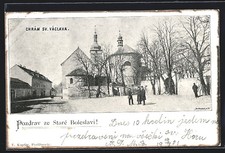 Widokówka Stara Boleslav, kościół z ulicą i przechodniami  na sprzedaż Widokówka Stara Boleslav, kościół z ulicą i przechodniami  na sprzedaż  Wysyłka do Poland