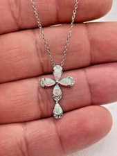 Pingente corrente cruz feminina 1 quilate pera criado em laboratório opala de fogo folheado a ouro branco 14K comprar usado  Enviando para Brazil