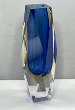 Vaso de Murano Flavio Poli meados do século azul cobalto, amarelo e transparente facetado vidro artístico, usado comprar usado  Enviando para Brazil
