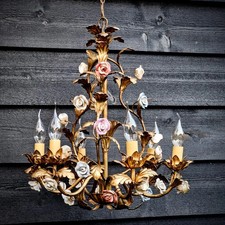 Usado, Candelabro de porcelana dourado italiano multicolorido flores e folhas, 6 luzes comprar usado Usado, Candelabro de porcelana dourado italiano multicolorido flores e folhas, 6 luzes comprar usado  Enviando para Brazil