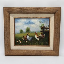 Moldura óleo sobre tela galinhas, galos e filhotes na fazenda artista assinado 15x13 comprar usado  Enviando para Brazil