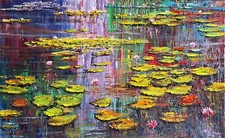 Obraz olejny ,,NENUFARY '' - autorski - Piotr Walkowiak - 50x80 len na sprzedaż  PL