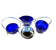 Conjunto de mesa raro vintage inglês vidro azul cobalto prata prato 4 peças feito na Inglaterra comprar usado  Enviando para Brazil