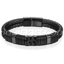 Men's Preto De Aço Inoxidável Trançado Em Couro Fivela Magnético Pulseira Munhequeira comprar usado  Enviando para Brazil