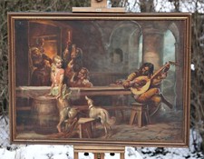 Mattia Traverso (1885-1956) - Genre Scene IN The Tavern, Oil On Lona Painting comprar usado  Enviando para Brazil