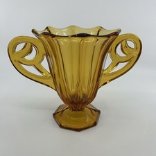 Antigo Vaso Troféu de Vidro Âmbar Tchecoslováquia Art Deco Alças Boêmias Marcadas 6”, usado comprar usado  Enviando para Brazil