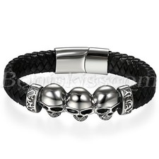 Bracelete masculino punk preto trançado couro magnético aço inoxidável caveira punho comprar usado  Enviando para Brazil