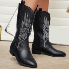 Botas ocidentais moda feminina biqueira pontiaguda salto baixo robusto puxar panturrilha média comprar usado  Enviando para Brazil