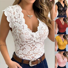 Mujeres Sin Mangas Cuello en V Encaje Top Blusa Fiesta Club Camisa Ajustada Body Mameluco Ḧ segunda mano  Embacar hacia Argentina