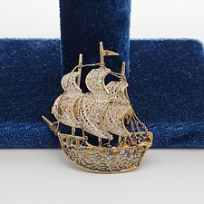 Antigo broche 3D prata ouro Vermeil filigrana navio galeão barco velas náuticas 2" comprar usado  Enviando para Brazil