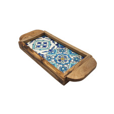 Bandeja de servir madeira oliveira Kamsah azulejo cerâmica azul tunisiano 10,75x4,5 com alças comprar usado  Enviando para Brazil