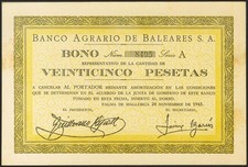 25 Pesetas. 27 Novembre 1943. Banco Agrario delle Baleari. Buono Molto Probabile comprar usado  Enviando para Brazil