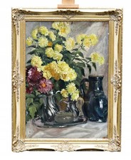Vintage Oil Painting – Colorful Asters & Antique Pitchers – Framed Still Life na sprzedaż Vintage Oil Painting – Colorful Asters & Antique Pitchers – Framed Still Life na sprzedaż  PL