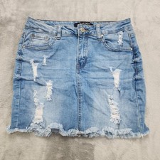 Saia jeans de cera feminina M azul desgastada jeans stretch bainha crua mini praia casual comprar usado  Enviando para Brazil