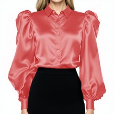 Blusa feminina salmão cetim puff manga longa botão para baixo camisa casual trabalho desgaste comprar usado  Enviando para Brazil