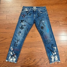 Zara Premium Denim Collection Graffiti Drukowane dżinsy Damskie rozm. 4 Surowy obszycie na sprzedaż  Wysyłka do Poland