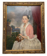 Años 1840 PARA RESTAURAR - Pequeño Óleo - Retrato Mujer Joven con Cesta de Rosas segunda mano  Embacar hacia Mexico
