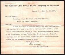 Usado, Kansas City Stock Yards Company of Missouri - 1907 - Carta de história cabeça nota comprar usado  Enviando para Brazil