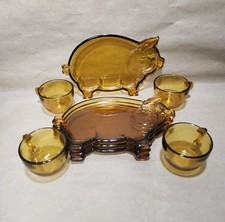 Antigo 4 Conjuntos (8 peças) Âmbar Indiana Vidro Porco Porco Bandeja de Lanche Conjuntos com Copos Correspondentes , usado comprar usado  Enviando para Brazil