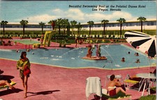 CARTÃO POSTAL DE LINHO 1956 LAS VEGAS, NEVADA - PISCINA - HOTEL DUNAS E CASSINO comprar usado  Enviando para Brazil