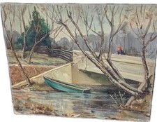 Golda Andrews pintura a óleo original 1945 TX paisagem regional barco ponte arte comprar usado  Enviando para Brazil