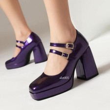 Sapatos femininos de couro envernizado Mary Jane bloco robusto salto alto fivelas alça sapatos bombas comprar usado  Enviando para Brazil