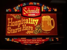 Placa de luz de bar vintage SCHMIDT Beer “HOSPITALIDADE COMEÇA AQUI”! comprar usado  Enviando para Brazil