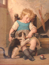 Rarissime Grand Chromo.  Magnifique Bébé Fille Endormie & Son Chat., usado comprar usado  Enviando para Brazil