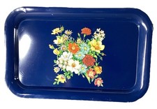 BANDEJA DE SERVIR RETANGULAR DE METAL VINTAGE AZUL COM FLORES TOLE WARE 14,5”x9 pequena comprar usado  Enviando para Brazil