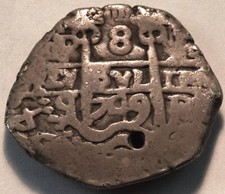 Moeda espanhola tipo colonial antiga escassa 8 reais prata espiga, furo 8R peça de 8, usado comprar usado  Enviando para Brazil