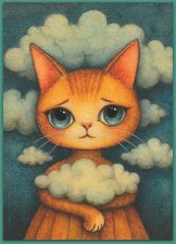 Pintura em aquarela ACEO 2,5x3,5 - gato gatinho nuvens fantasia surreal comprar usado  Enviando para Brazil