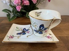 Xícara de chá borboleta Adeline prato de lanche floral azul dourado acabamento design Inglaterra comprar usado  Enviando para Brazil