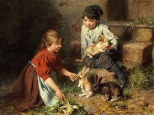 Pintura a óleo Felix Schlesinger crianças menina menino alimentando coelhos de estimação arte comprar usado  Enviando para Brazil