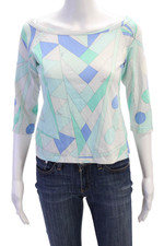 Blusa feminina Emilio Pucci algodão geométrica manga 3/4 gola barco azul tamanho 10 comprar usado  Enviando para Brazil