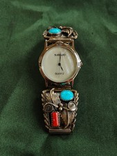 Relógio vintage turquesa esterlina e coral com borda de corda de folha esterlina comprar usado  Enviando para Brazil