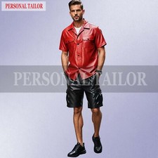 CAMISA MASCULINA DE COURO DE CORDEIRO VERMELHA E PRETA GOLA LAPELA E SHORTS BOLSO CARGO comprar usado  Enviando para Brazil
