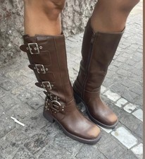 Usado, Womens Buckle Knee High Boots Pull on Boot Leather Retro .Black,brown.Italy comprar usado  Enviando para Brazil