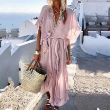 Novo Vestido de Festa Casual Verão Cor Sólida Manga Curta Feminino Elegante Vestido Longo comprar usado  Enviando para Brazil
