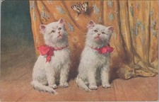 Postal litográfica vintage de dos gatos blancos con lazos rojos y mariposa segunda mano  Embacar hacia Mexico