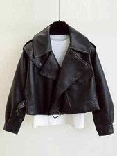 Jaqueta de couro sintético feminina motociclista gola redonda roupa de rua roupa externa, usado comprar usado  Enviando para Brazil