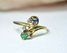 Anel duplo de ouro amarelo 18k com diamante redondo de safira esmeralda natural 0,14 CT comprar usado  Enviando para Brazil