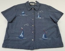 Camisa feminina de algodão veleiro náutico azul branco grande grama limão botão comprar usado  Enviando para Brazil