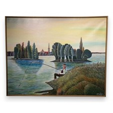 Pintura vintage francesa ingênua óleo sobre tela "Pescador" assinada e datada de 1972 comprar usado  Enviando para Brazil