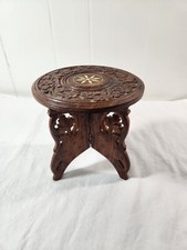Mesa dobrável redonda asiática ornamentada em madeira esculpida à mão pequena vintage 6" suporte para plantas, usado comprar usado  Enviando para Brazil